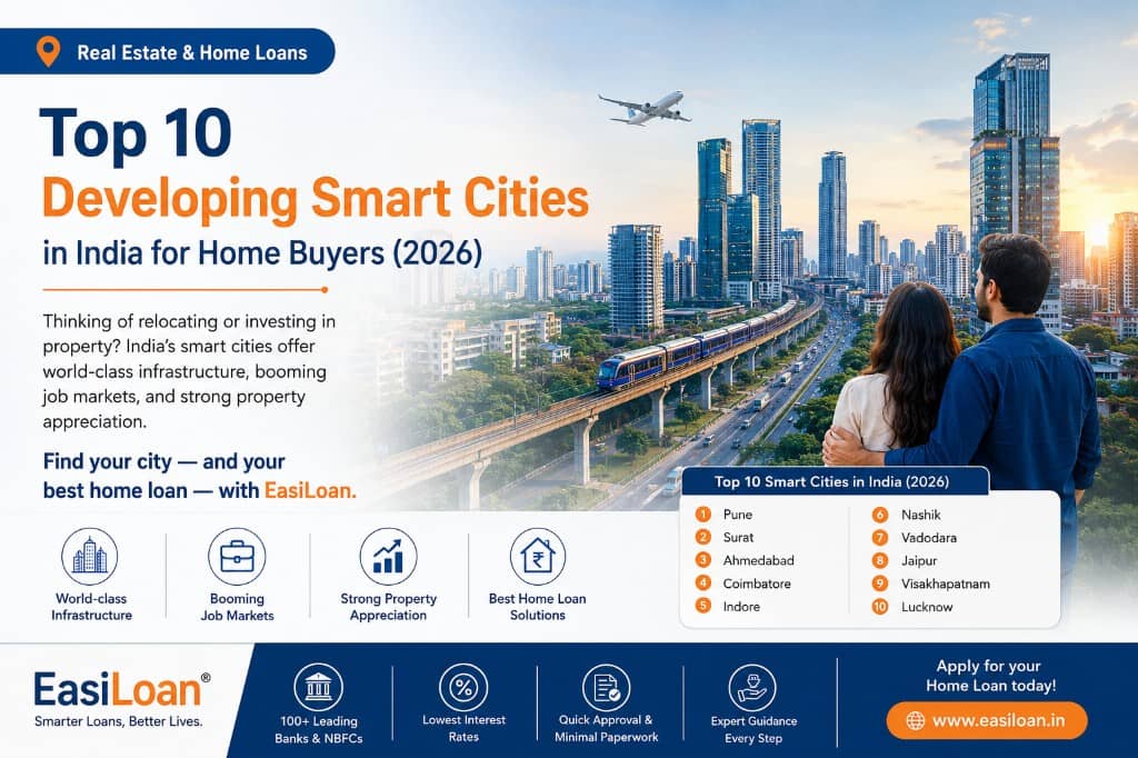 Top 10 smart cities in India for home buyers in 2026 — Delhi-NCR, Mumbai, Bengaluru, Hyderabad, Pune, Chennai, Kolkata, Surat, Jaipur, and Indore with EasiLoan home loan solutions.