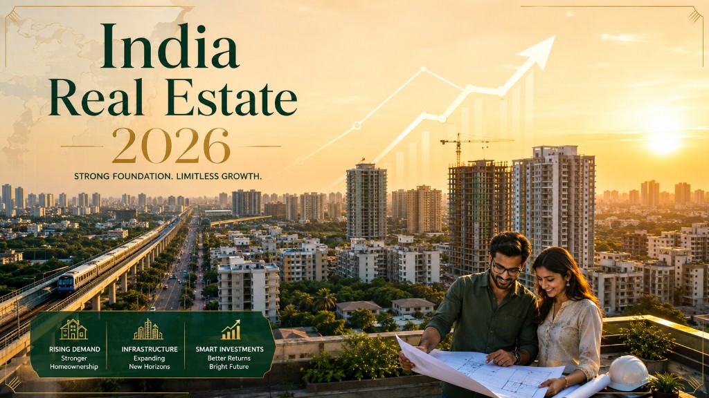 India real estate market 2026 — city skyline with metro, housing demand, infrastructure growth, and property investment opportunities across Indian cities.