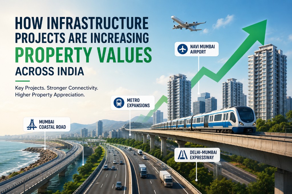 How infrastructure projects raise property values in India in 2026 — metro expansions, Mumbai Coastal Road, Navi Mumbai Airport, and the Delhi-Mumbai Expressway.
